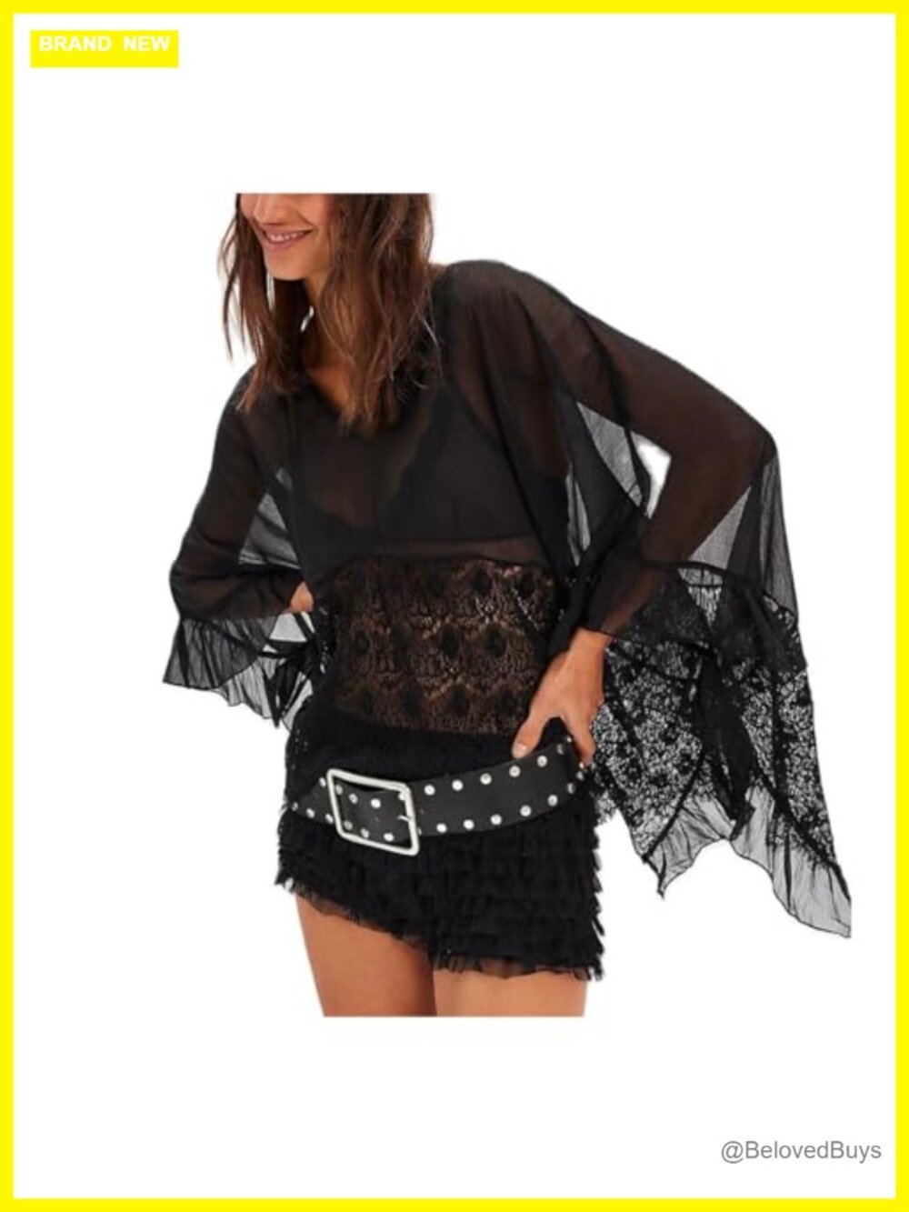 Sheer Mesh Floral Lace Blouse Batwing Sleeve Boho Loose Fit Ruffled Poncho Top
